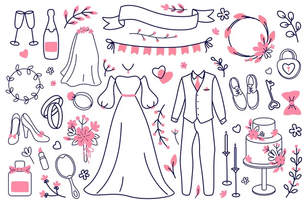 Єкти Весільного Контуру Мега Встановлені Графічному Пласкому Дизайні Елементи Сукні — стоковий вектор