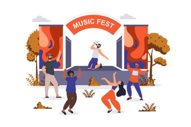 İnternet için karakter sahnesi olan müzik festivali konsepti. Kadınlar ve erkekler müzik festivalinde sahnede dans edip şarkıcıları dinliyorlar. Düz dizaynlı insanlar. Pazarlama materyali için vektör illüstrasyonu.