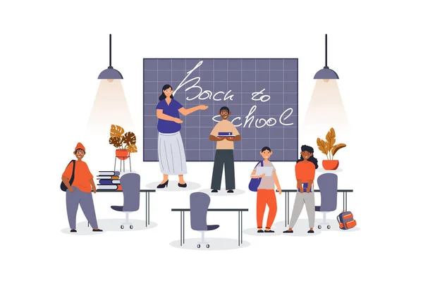 Concept Retour École Avec Scène Personnage Pour Web Professeur Accueille — Image vectorielle