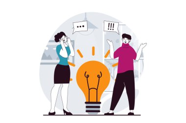 Düz dizayn edilmiş web için insanların sahne aldığı marka takımı konsepti. Kadın ve erkek proje için beyin fırtınası yapıyor ve yaratıcı fikirleri tartışıyorlar. Sosyal medya afişi, pazarlama materyali için vektör illüstrasyonu.