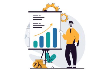 Web için düz dizayn edilmiş insanlarla iş yapma konsepti. Adam veri büyümesini ve şirket istatistiklerini analiz ediyor, sunum yapıyor. Sosyal medya afişi, pazarlama materyali için vektör illüstrasyonu.