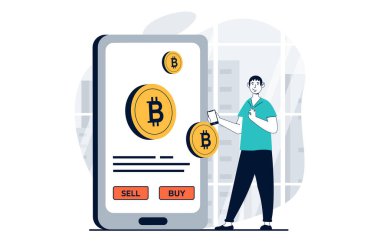 Kripto para piyasası konsepti insanların web için düz tasarım sahnesi. İnternette mobil uygulama kullanan bir adam bitcoin alıp satıyor. Sosyal medya afişi, pazarlama materyali için vektör illüstrasyonu.