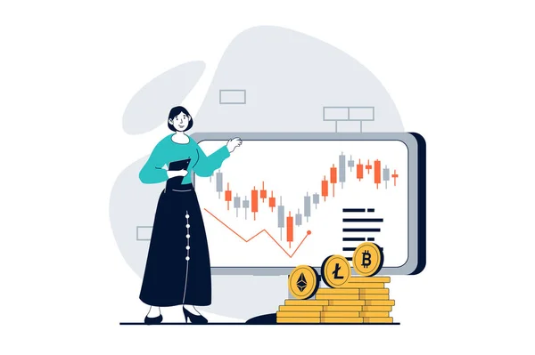 Cryptocurrency Marketplace Concept People Scene Flat Design Web Woman Buying — Stock Vector