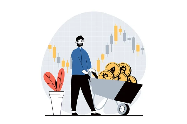 Cryptocurrency Mining Concept People Scene Flat Design Web Man Wheelbarrow — Stock Vector