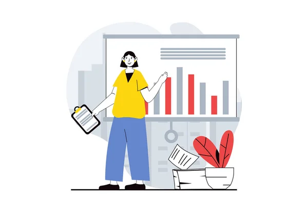 网页平面设计中的人物形象数据分析概念 从事图表工作和提供收入数据的妇女 社交媒体横幅和营销材料的矢量插图 — 图库矢量图片