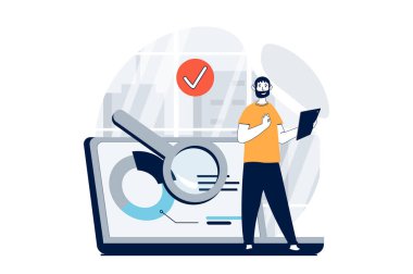 İnsanların web için düz tasarım sahnesi olan veri bilimi konsepti. Haritalarla çalışan ve istatistik bilgilerini internetten arayan bir adam. Sosyal medya afişi, pazarlama materyali için vektör illüstrasyonu.