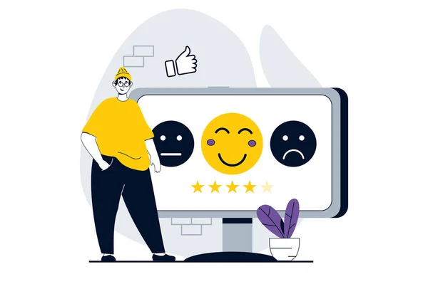 ウェブのためのフラットデザインの人々のシーンとフィードバックページの概念 顧客体験評価のための良い感情を持つ笑顔を選択する男 ソーシャルメディアバナーのベクターイラスト マーケティング素材 — ストックベクタ