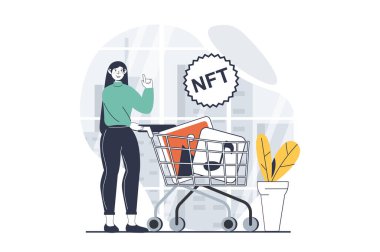 NFT sembol konsepti, web için düz dizayn edilmiş insanlar sahnesi. El arabalı bir kadın sanal galeriden koleksiyon tabloları alıyor. Sosyal medya afişi, pazarlama materyali için vektör illüstrasyonu.