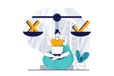 Çevrimiçi araştırma konsepti, insanların web için düz tasarım sahnesi. Düşünen ve tartıya göre karar veren, çapraz ya da kene seçen bir kadın. Sosyal medya afişi, pazarlama materyali için vektör illüstrasyonu.