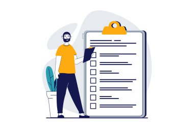 Çevrimiçi araştırma konsepti, insanların web için düz tasarım sahnesi. Soruları kontrol listesindeki adam cevaplıyor, sınavda oy veriyor, form dolduruyor. Sosyal medya afişi, pazarlama materyali için vektör illüstrasyonu.