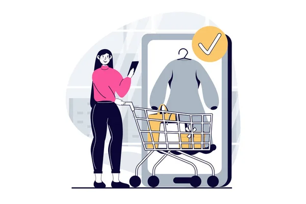 Концепция Мобильной Коммерции Людьми Плоском Дизайне Интернета Женщина Корзиной Супермаркета — стоковый вектор