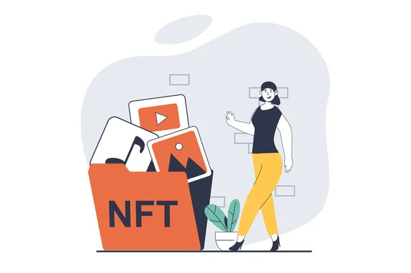 Nft Token Concept Met Mensen Scene Plat Ontwerp Voor Web — Stockvector