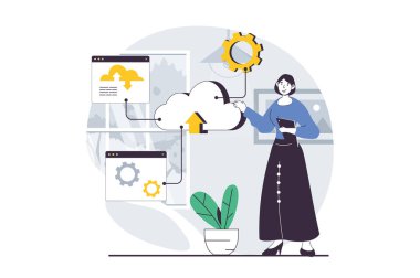 SaaS konsepti insanların web için düz tasarım sahnesi. İnternette çalışan bir kadın bulut deposuna veri yükleyip yedekleme yapıyor. Sosyal medya afişi, pazarlama materyali için vektör illüstrasyonu.