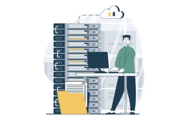 Sunucu bakımı kavramı ve insanların web için düz tasarım sahneleri. Hırdavat odasındaki bilgisayardaki izleme ve ayarlar. Sosyal medya afişi, pazarlama materyali için vektör illüstrasyonu.