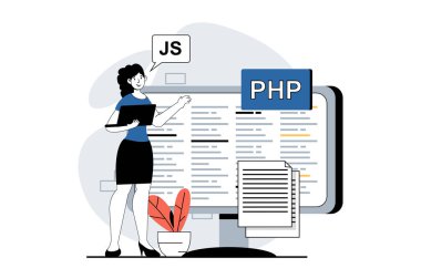 Yazılım geliştirme konsepti, insanların web için düz tasarım sahnesi. Kadın program yaratıyor ve web sayfası düzenini test ediyor. Sosyal medya afişi, pazarlama materyali için vektör illüstrasyonu.