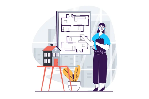 ウェブのためのフラットデザインの人々のシーンと不動産の概念 アパートプロジェクトの建築家の青写真を提示する女性 ソーシャルメディアバナーのベクターイラスト マーケティング素材 — ストックベクタ