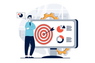 Stratejik planlama konsepti, insanların web için düz tasarım sahnesi. İnsan fikirler üretir, hedefler ve süreç görsel şeması yaratır. Sosyal medya afişi, pazarlama materyali için vektör illüstrasyonu.