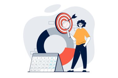 Stratejik planlama konsepti, insanların web için düz tasarım sahnesi. Adam fikirleri araştırıyor, hedef alıyor ve takvimde görevler yaratıyor. Sosyal medya afişi, pazarlama materyali için vektör illüstrasyonu.