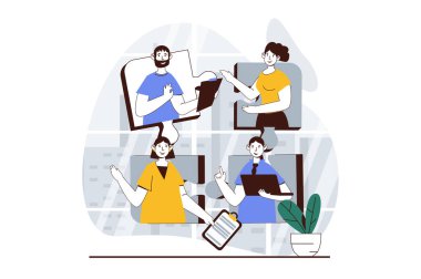 Web için düz dizayn edilmiş insanların olduğu takım çalışması konsepti. Kadın ve erkek takım halinde çalışıyor, proje parçalarını tartışıyor ve görevler yapıyorlar. Sosyal medya afişi, pazarlama materyali için vektör illüstrasyonu.
