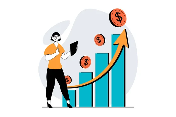 股票市场理念与人在平面设计中的应用 成功的妇女进行投资 并使经济增长步入正轨 社交媒体横幅和营销材料的矢量插图 — 图库矢量图片