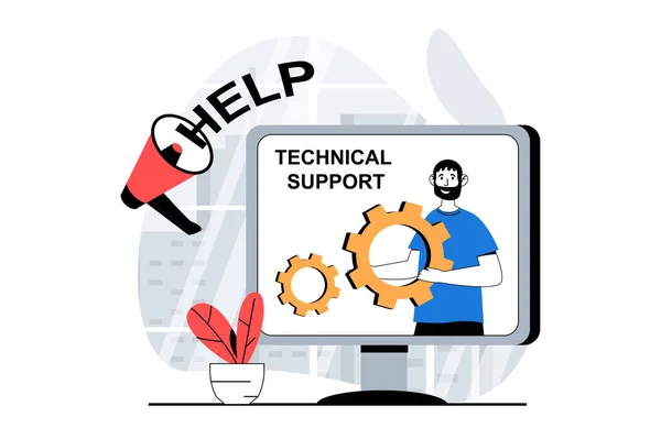 Technical Support Concept People Scene Flat Design Web Man Works — Stock Vector