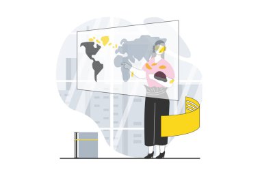 Web için düz dizayn edilmiş insanların sanal gerçeklik konsepti. VR kulaklıklı kadın metaevrende ekranla çalışıyor ve etkileşime geçiyor. Sosyal medya afişi, pazarlama materyali için vektör illüstrasyonu.