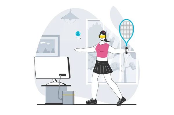 ウェブのための平面設計の人々のシーンとの仮想現実の概念 Vrヘッドセットの女性は サイバースポーツのためのテニスやトレーニングをプレイ ソーシャルメディアバナーのベクターイラスト マーケティング素材 — ストックベクタ