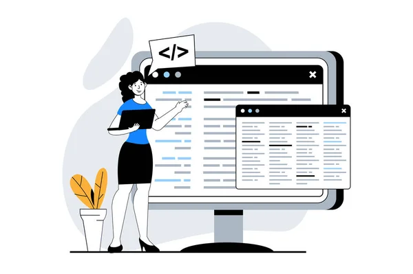 Web Development Koncept Lidmi Scéna Plochém Designu Žena Pracující Programovacím — Stockový vektor