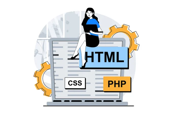 Web Development Concept Met Mensen Scene Plat Ontwerp Vrouwen Programmeercode — Stockvector