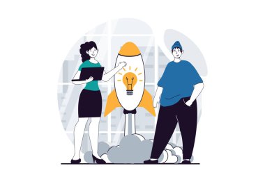 Web için düz dizayn edilmiş insanlarla iş yapma konsepti. Kadın ve erkek planlama stratejisi, fikir tartışması, başlangıç. Sosyal medya afişi, pazarlama materyali.