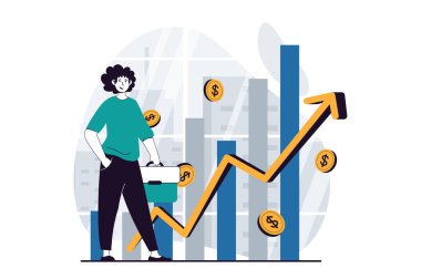 Web için düz dizayn edilmiş insanlarla iş yapma konsepti. Adam okun finansal büyüme grafiğini ve başarı yatırımlarını analiz ediyor. Sosyal medya afişi, pazarlama materyali.