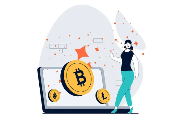人々との暗号通貨市場の概念ウェブのための平らなデザインのシーン 女性はラップトップで暗号コインを購入するためにお金を投資します ソーシャルメディアバナー マーケティング資料のイラスト — ストック写真
