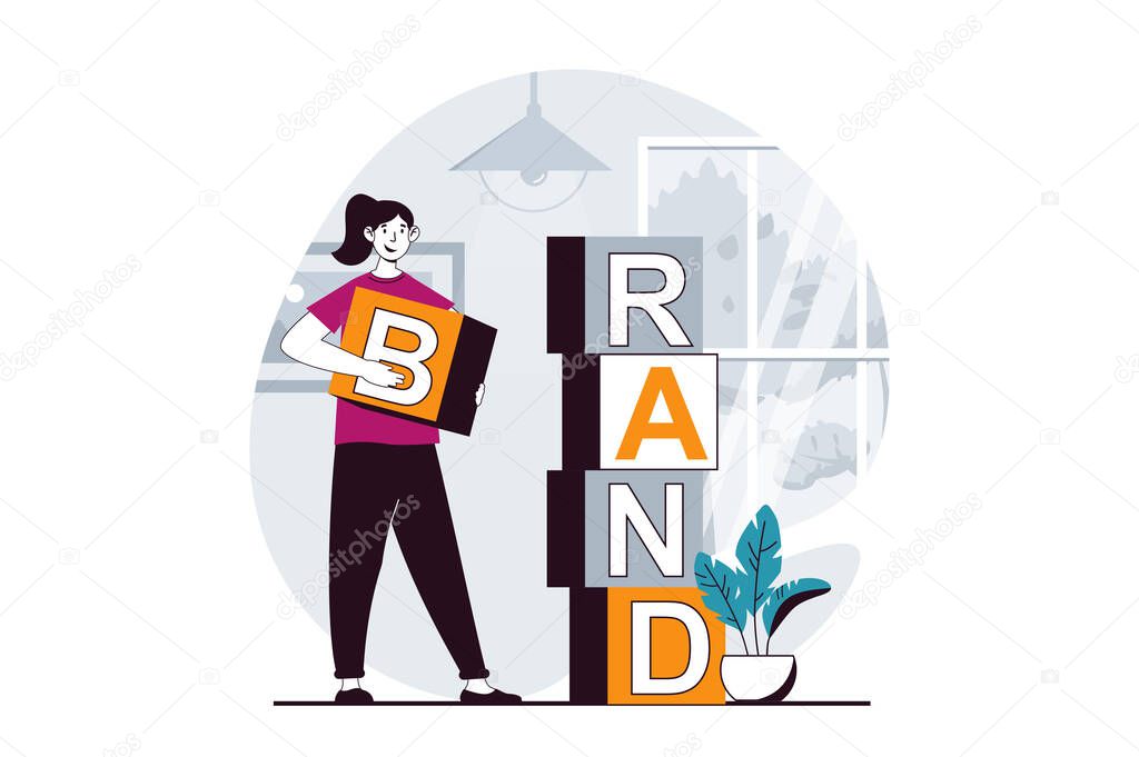 Branding team concept with people scene in flat design for web. Woman building brand personality and identity for promotional campaign. Illustration for social media banner, marketing material.