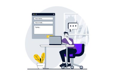 İnsanların web için düz dizayn sahnesi ile ilgili geribildirim sayfası konsepti. Müşteri deneyimiyle web sayfası formu dolduran bir adam. Sosyal medya afişi, pazarlama materyali.