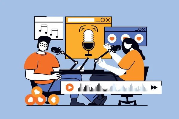 Conceito Streaming Podcast Com Cenas Pessoas Design Plano Para Web — Vetor de Stock