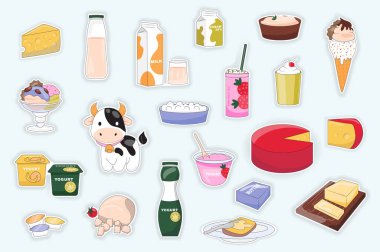 Süt ve süt ürünleri mega grafik düz tasarım seti. Peynir, yoğurt, şişelerde içki, ambalaj, dondurma, inek, milkshake, tereyağı, diğerleri. Vektör illüstrasyon izole etiketleri
