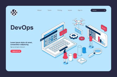 İniş sayfası şablonu için 3d izometrik dizayn DevOps kavramı. Ürünler yaratmak ve gerçekleştirmek için programlama üzerinde çevik süreçler ve otomasyonlar uygulayan insanlar. Web için vektör illüstrasyonu