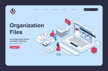 İniş sayfası şablonu için 3D izometrik tasarım içeren elektronik organizasyon dosyaları konsepti. Dizüstü bilgisayardaki dosyaları düzenleyen, dijital belgeleri paylaşan ve depolayan insanlar. Web için vektör illüstrasyonu