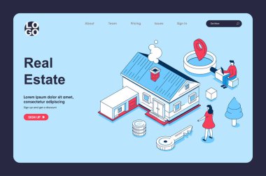 İniş sayfası şablonu için 3 boyutlu izometrik tasarım içeren emlak konsepti. İnsanlar konut piyasasında yeni bir ev arıyor, daireler seçiyor, taşınmak için mülk satın alıyor. Web için vektör illüstrasyonu