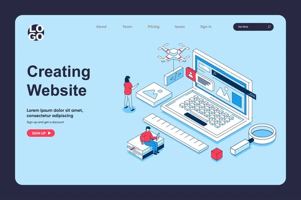 Website Creating Concept Isometric Design Landing Page Template People Creating — Stock Vector