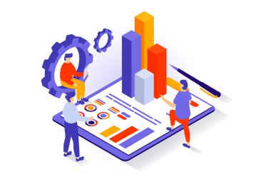İş ve pazarlama konsepti 3 boyutlu izometrik tasarım. Gösterge panelindeki verileri analiz eden, şirketi geliştiren, promosyon için çözümler bulan insanlar. Web grafiği için izometri sahnesi olan vektör illüstrasyonu