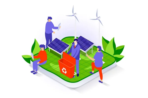 Eco Lifestyle Concept Isometrisch Ontwerp Mensen Gebruiken Zonnepanelen Windturbines Groene — Stockvector