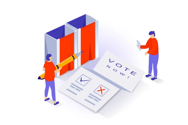 3Dイソメトリックデザインにおける選挙と投票のコンセプト 人々は投票所で投票し 選ばれた政治家のために紙の形でチェックボックスをチェックします Webグラフィックのアイソメトリシーンによるベクトルイラスト — ストックベクタ