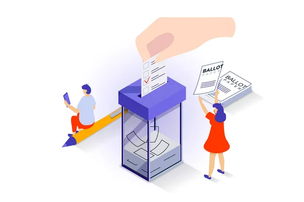 3Dイソメトリックデザインにおける選挙と投票のコンセプト 人々は選挙で投票し 投票し 彼らの政治的候補を選ぶ Webグラフィックのアイソメトリシーンによるベクトルイラスト — ストックベクタ