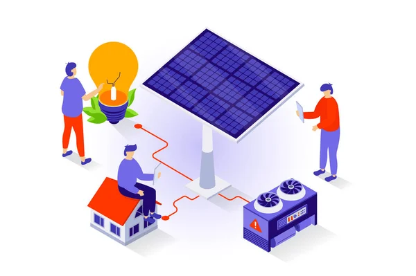 Eco Lifestyle Concept Isometric Design People Use Solar Panels Generate — Stock Vector