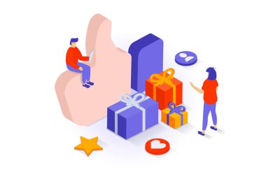 Sosyal medya konsepti 3 boyutlu izometrik tasarım. İnsanlar popüler paylaşımları seviyor, içeriği paylaşıyor, çevrimiçi profilleri yönetiyor, etkili kişilerden hediyeler alıyor. Web grafiği için izometri sahnesi olan vektör illüstrasyonu