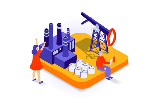 3Dイソメトリックデザインにおける石油業界のコンセプト 生産プロセス 掘削装置 燃料貯蔵ガソリンで石油ビジネスに従事する人々 Webグラフィックのアイソメトリシーンによるベクトルイラスト — ストックベクタ