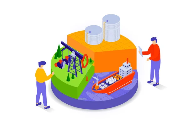 三维等距设计中的石油工业概念 具有生产 装运机械的加油站从事燃料业务的人员 基于等距场景的网络图形矢量图解 — 图库矢量图片