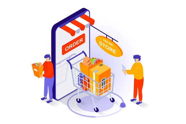 Koncepcja Zakupów Online Projekcie Izometrycznym Osoby Zamawiające Jedzenie Supermarkecie Dostarczające — Wektor stockowy