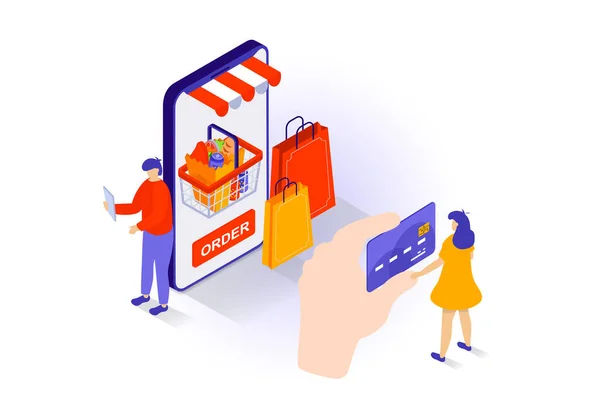 Online Shopping Concept Isometric Design People Making Purchases Food Grocery — Stock Vector